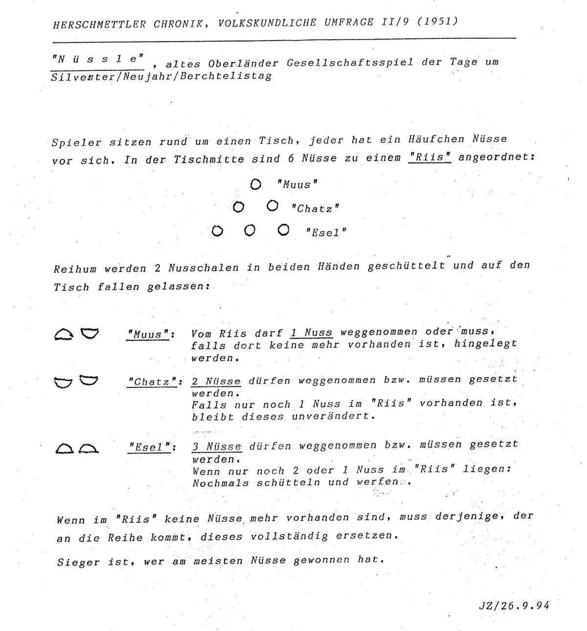 1994 dokumentierte Jakob Zollinger Varianten zum «Nüssle». Die Regeln, die Jakob Zollinger 1994 aufgeschrieben hat.